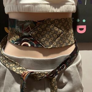 Elegant tan, green burgundy and gray Patterned obi style Women's Belt. Unique.